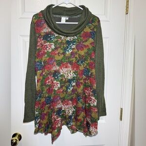 Floral Cowl Neck Long Sleeve Blouse, Olive Green
